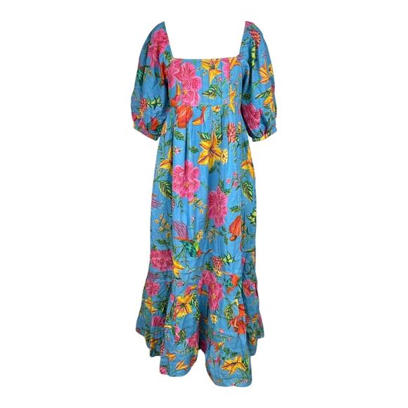 FARM RIO NWT Sz S Blue Toucans Garden Midi Dress Puff Sleeves - See Small Flaw - Picture 1 of 9
